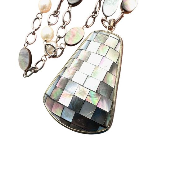 Womens Necklace Sterling Silver Inlay Pearl Pendant LUC 925 Designer - Picture 4 of 6